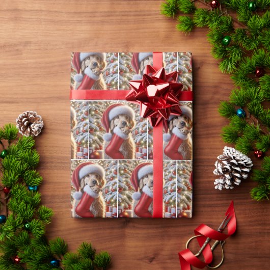 Papier Cadeau Golden Retriever with Ginger Kitten in a Stocking (Cadeau de vacances)
