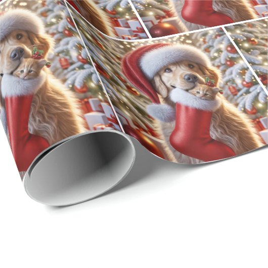 Papier Cadeau Golden Retriever with Ginger Kitten in a Stocking (Coin rond)