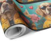 Papier Cadeau Golden Retriever with Heart Roses Saint-Valentin (Coin rond)