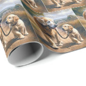 Papier Cadeau Golden Retrievers marchant sur une route de campag (Coin rond)