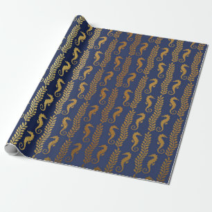 Papier Cadeau Golden Seahorse Ocean Algae Blue Navy Vip Yacht
