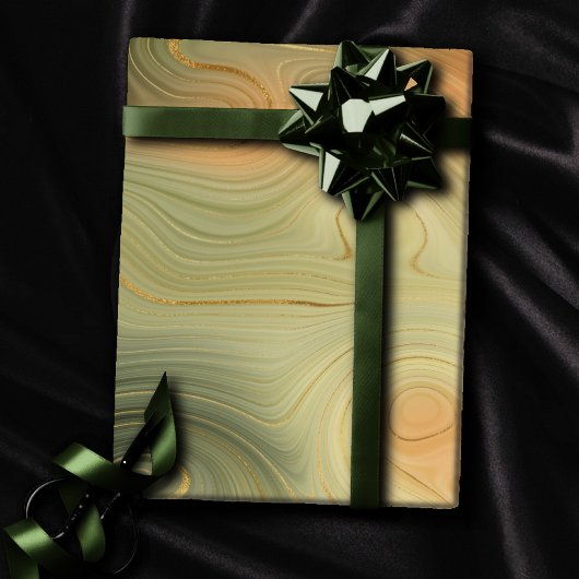 Papier Cadeau Golden Strata | Pêche Brûlée Orange Vert Agate