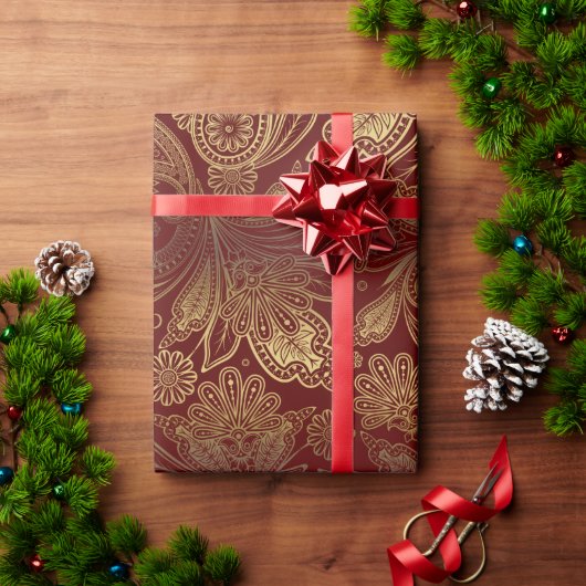 Papier Cadeau Golden Tones Ornate Paisley Pattern On Red (Cadeau de vacances)