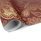 Papier Cadeau Golden Tones Ornate Paisley Pattern On Red (Coin rond)