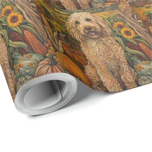 Papier Cadeau Goldendoodle Chien Moisson d'automne Thanksgiving (Coin rond)