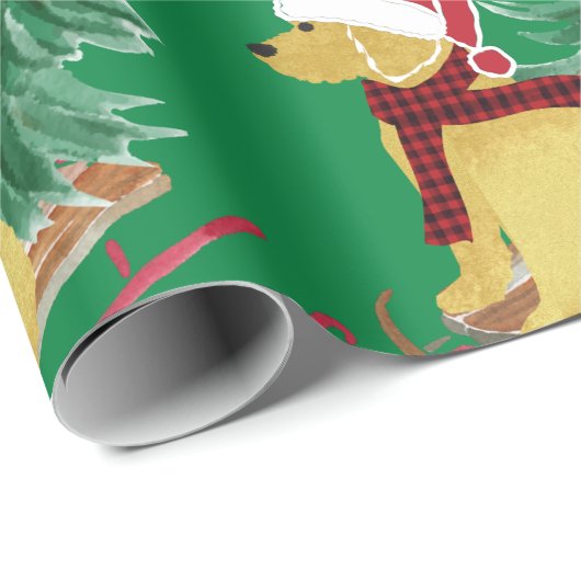 Papier Cadeau Goldendoodle Christmas Sled Green (Coin rond)