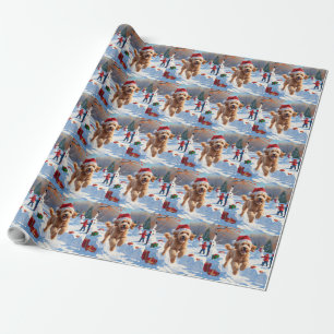 Papier Cadeau Goldendoodle courant dans la neige avec un chapeau