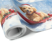 Papier Cadeau Goldendoodle Dog in Sledge Let it neige Christmas (Coin rond)