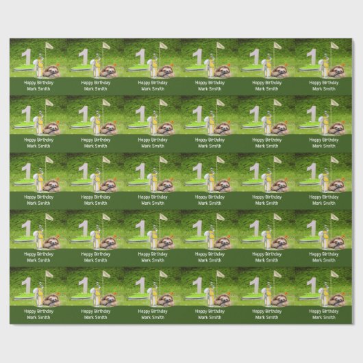 Papier Cadeau Golf 1er anniversaire avec Sloth Golfer (Plat)