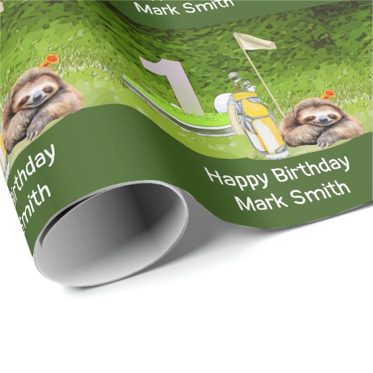 Papier Cadeau Golf 1er anniversaire avec Sloth Golfer (Coin rond)
