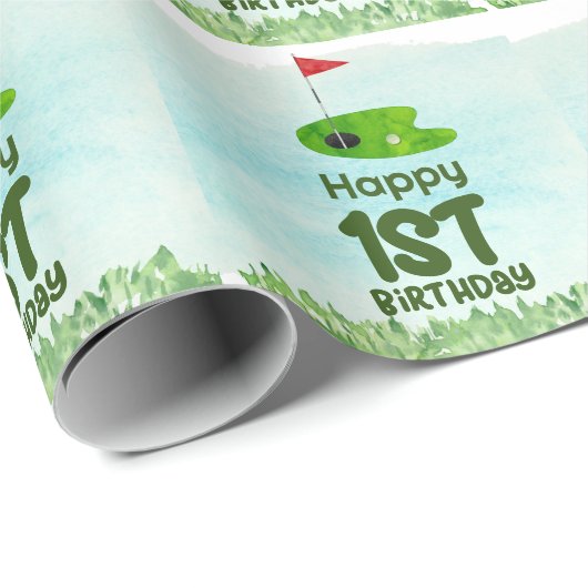 Papier Cadeau Golf 1er anniversaire golfeur d'un an avec chariot (Coin rond)