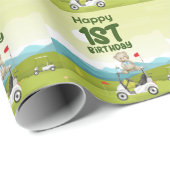 Papier Cadeau Golf 1er anniversaire golfeur d'un an avec chariot (Coin rond)