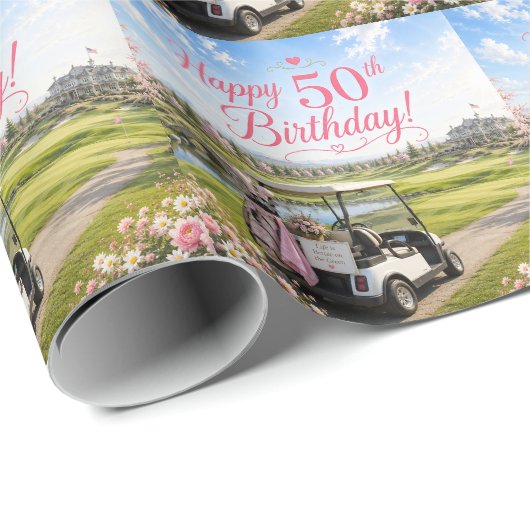 Papier Cadeau Golf 50e anniversaire pour golfeuse thème rose (Coin rond)