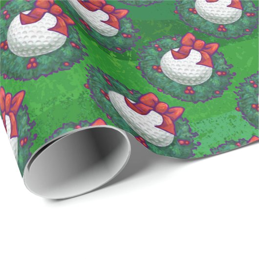 Papier Cadeau Golf Ball Christmas Wreath Motif sur Green (Coin rond)