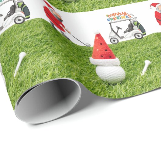 Papier Cadeau Golf Joyeux Noël avec le Père Noël à Golfer  (Coin rond)
