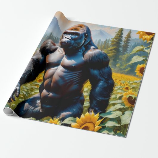 Papier Cadeau Gorille Ape Dans Un Champ De Tournesol (Déroulé)