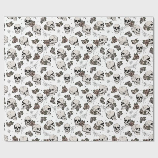 Papier Cadeau Goth Crâne et fleurs noir et blanc Halloween (Plat)