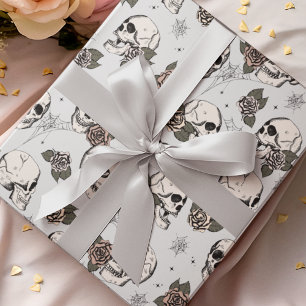 Papier Cadeau Goth Crâne gris clair et fleurs Halloween