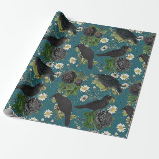 Papier Cadeau Goth Crows et Roses noirs Profond Turquoise Motif (Déroulé)