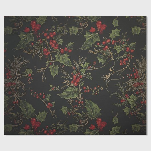 Papier Cadeau Gothic Holly Wrapping Paper |Dark Christmas Floral (Plat)