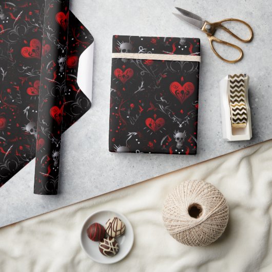 Papier Cadeau Gothic Red Hearts and Gray Skulls (Artisanat)