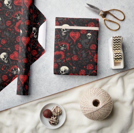 Papier Cadeau Gothic Red Hearts and Skulls (Artisanat)