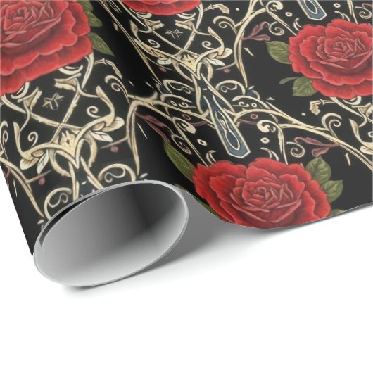 Papier Cadeau Gothic Roses Pattern (Coin rond)