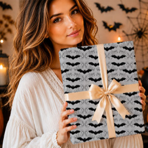 Papier Cadeau Gothique Chauve-Souris Noir Grise Damassée Hallowe