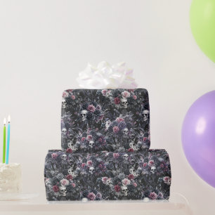 Papier Cadeau Gothique Moody Flowers Crânes et corbeaux