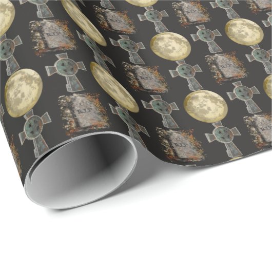 Papier Cadeau Gothique R.I.P. Headstone Celtic Cross Pleine lune (Coin rond)