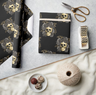 Papier Cadeau Gothique Vintage crâne Noir & Or Roses