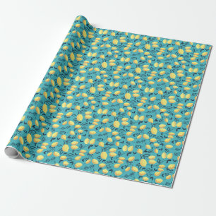 Papier Cadeau Gouache de citron jaune motif sur turquoise.