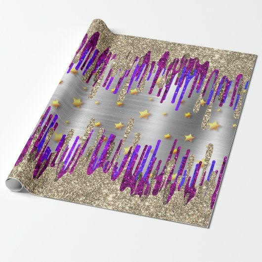 Papier Cadeau gouttes d'or à Parties scintillant violet blanc (Déroulé)