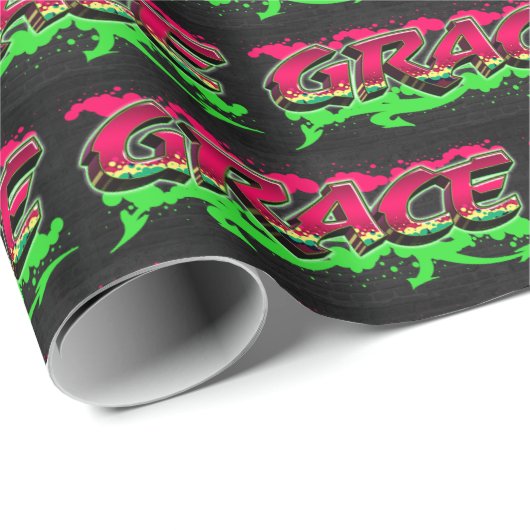 Papier Cadeau Grace prénom nom Graffiti rouge vert (Coin rond)