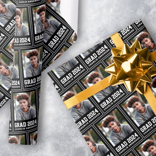 Papier Cadeau Grad année 2024 nom de la photo diplômée noir
