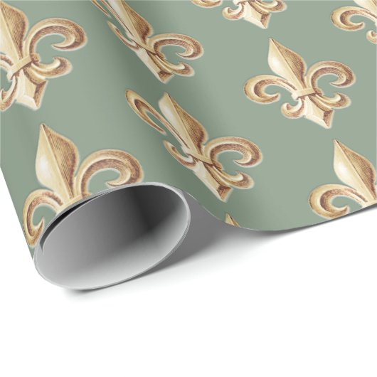 Papier Cadeau Gradient d'or ciselé Heraldique Fleur de lis Sage (Coin rond)
