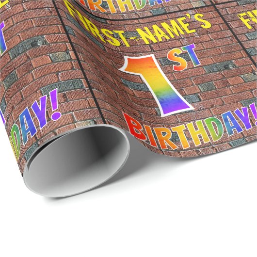 Papier Cadeau Graffiti arc-en-ciel 1ER ANNIVERSAIRE! & Nom perso (Coin rond)