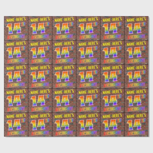 Papier Cadeau Graffiti arc-en-ciel Look 14E ANNIVERSAIRE! & Nom (Plat)