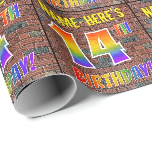 Papier Cadeau Graffiti arc-en-ciel Look 14E ANNIVERSAIRE! & Nom (Coin rond)