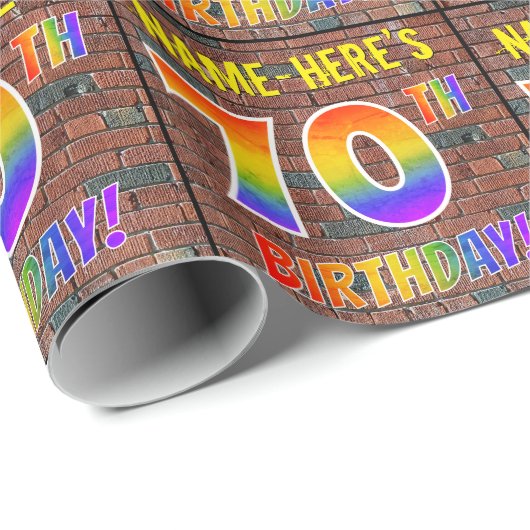 Papier Cadeau Graffiti arc-en-ciel Look 70E ANNIVERSAIRE! & Nom (Coin rond)
