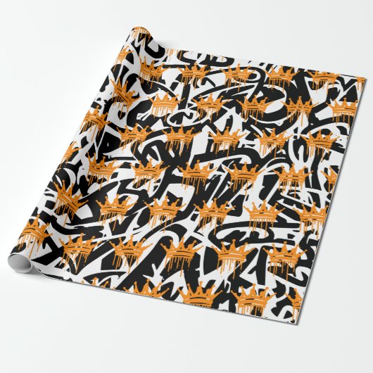 Papier Cadeau Graffiti tendance Motif Couronne Orange noir (Déroulé)