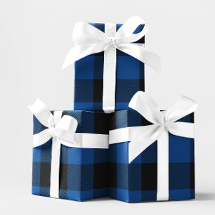 Papier Cadeau Grand Carreau Vichy Bleu et Noir à Chevron