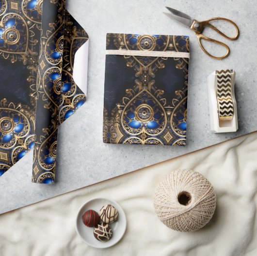 Papier Cadeau grand coeur bleu et or steampunk motif (Artisanat)