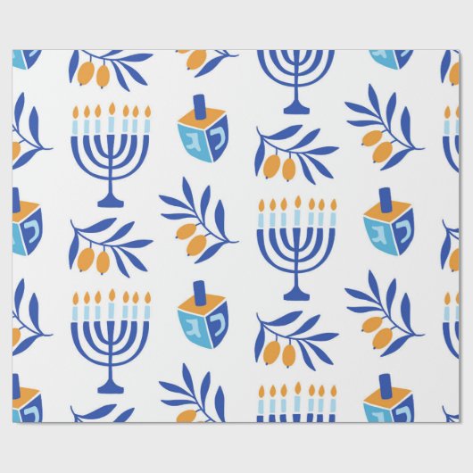 Papier Cadeau Grand Motif Menorah et Dreidel Hanoukka (Plat)