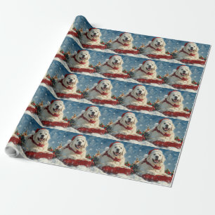Papier Cadeau Grand Pyrenees Chien en Traîneau Qu'il neige Noël