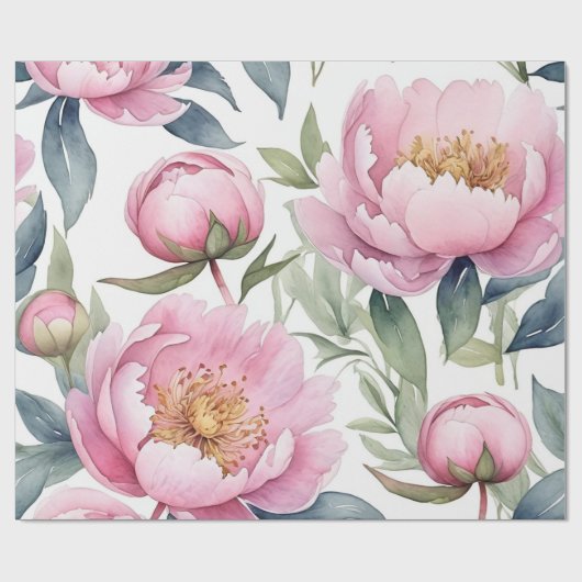 Papier Cadeau grande aquarelle de pivoines roses (Plat)