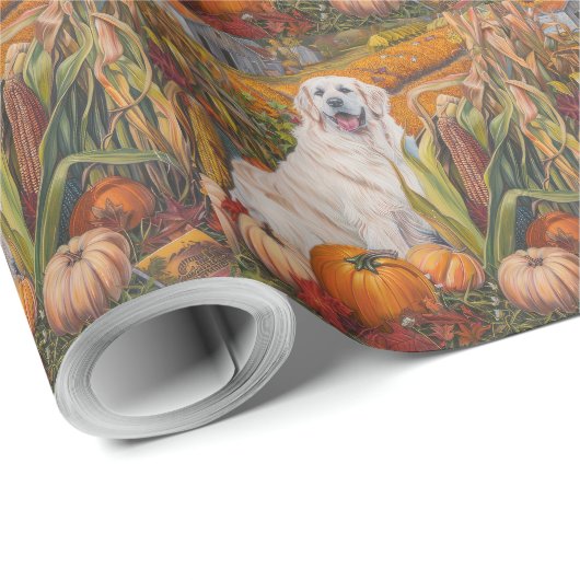 Papier Cadeau Grande Pyrénées Chien automne récolte Thankesgivin (Coin rond)