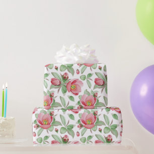 Papier Cadeau Grandes fleurs de magnolia roses sur fond blanc