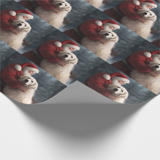 Papier Cadeau Grands Pyrénées avec Noël Festif du Père Noël (Coin)