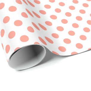 Papier Cadeau Grands rétros points - rose de corail et blanc